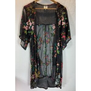 Ivy Jane Black burnout Floral Velvet Kimono Topper jacket Open Front Tassel‎ S/M